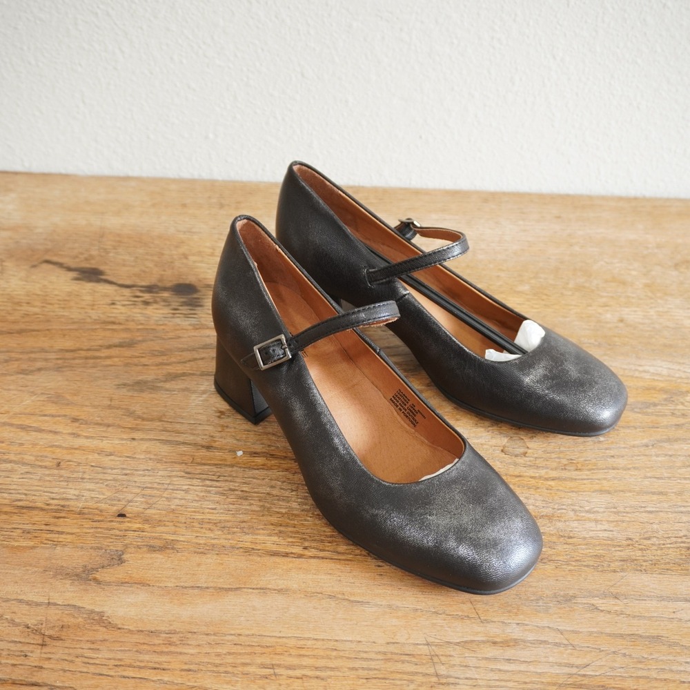 Miz Mooz Gabbie Black Metallic Leather Mary Jane Block Heel Pumps Shoes Size 38